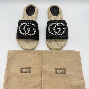 NEW Gucci GG Logo Cora Crystal Black Raffia Embellished Espadrille Sandal Slides